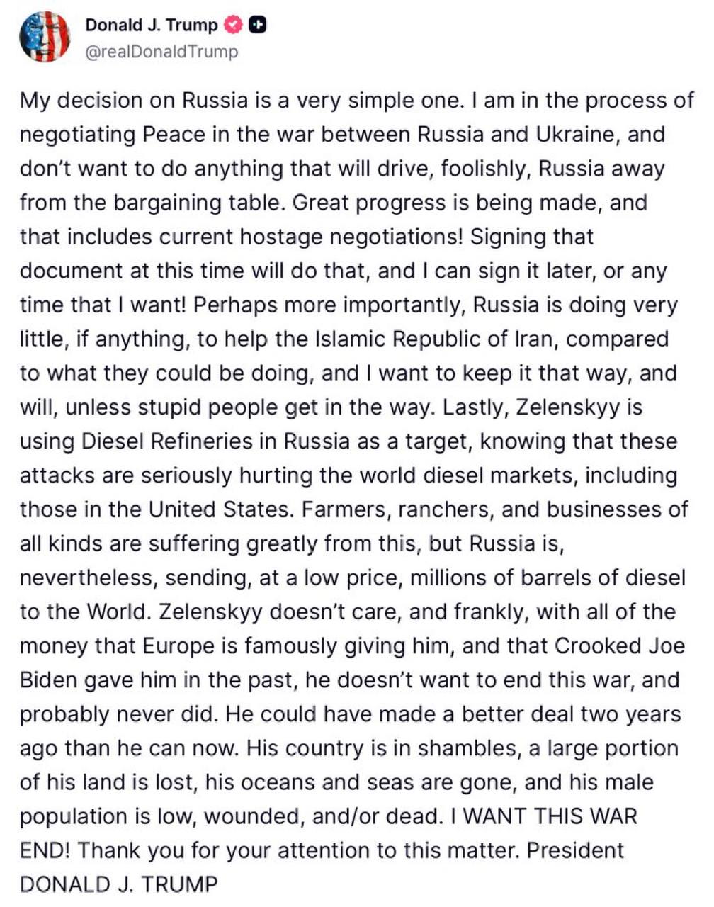 Trump says Zelensky never wanted peace; Zelensky offers to halt refinery strikes for Patriots