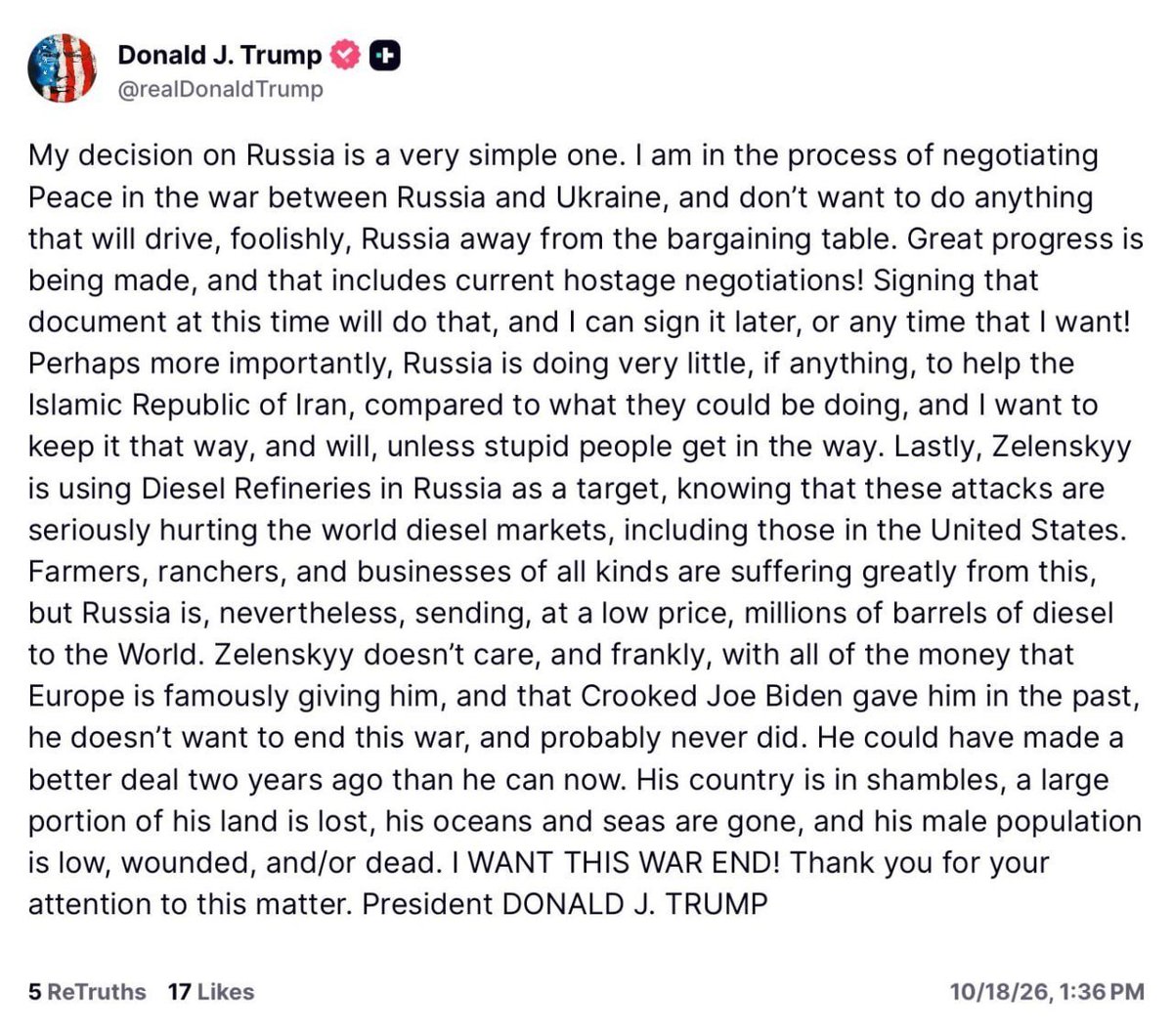 Trump says Zelensky never wanted peace; Zelensky offers to halt refinery strikes for Patriots