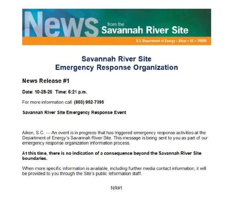 JUST IN - An incident at the US Department of Energy’s Savannah River Site triggered an emergency response. According…