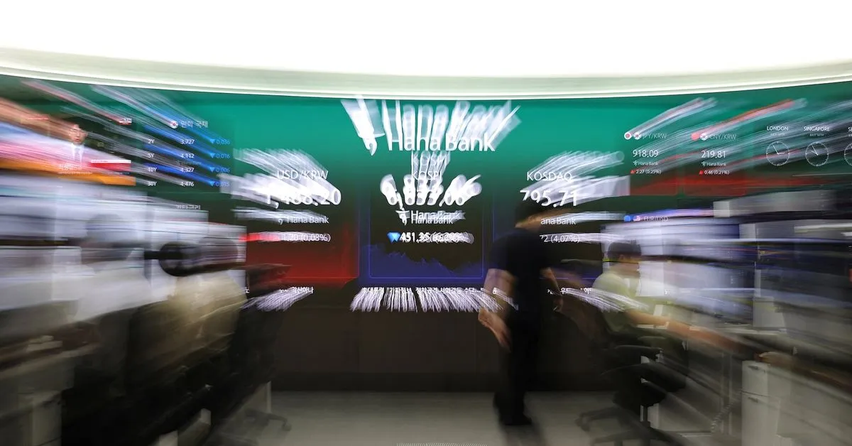 South Korea's Kospi fell more than 7% as a chip sell-off deepened, with Samsung down as much as 8.8% and SK Hynix 9.2%.