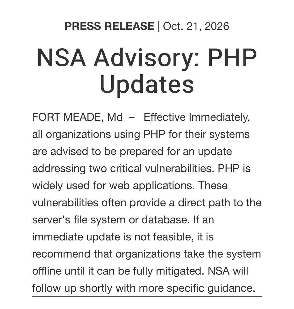 Critical PHP flaws force emergency patches; NSA says take unpatched sites offline
